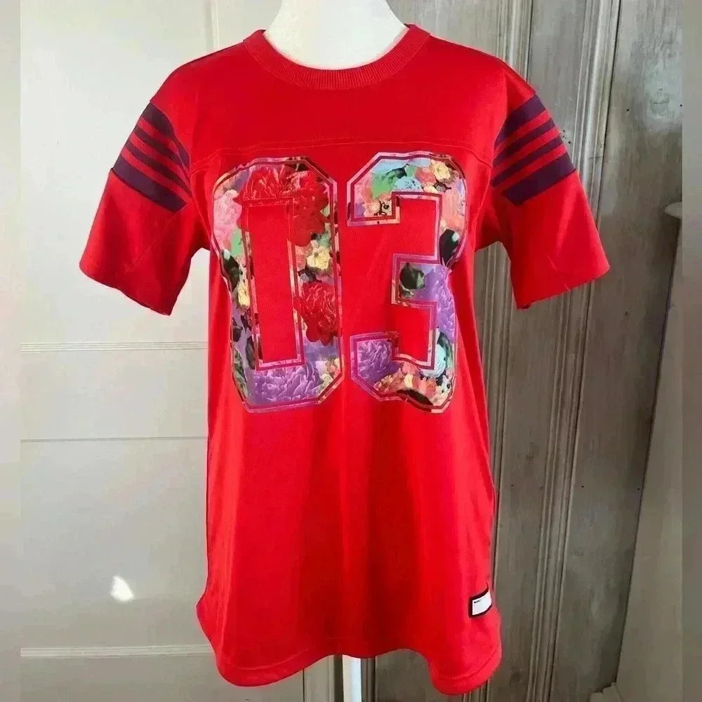 ADIDAS Floral graphic 03 striped sleeve Red Jersey tee oversized blokecore S
